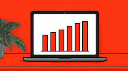 Obraz premium A laptop displays a rising bar graph on screen, set against a vibrant red background with a plant on the left side.