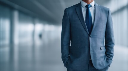 A man wearing a blue checkered suit and tie stands confidently in a modern, blurred office corridor.