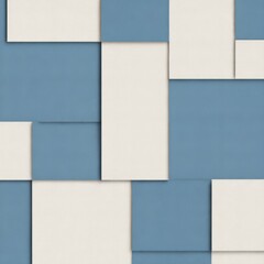 Fototapeta premium Abstract geometric pattern of overlapping blue and white rectangular and square tiles with textured surfaces.