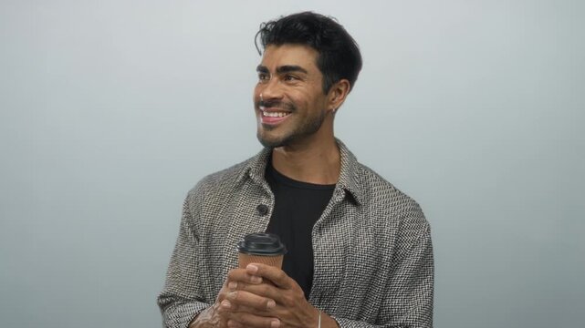 Man smiling and holding coffee cup with both hands in a studio against a pale blue backdrop; happiness.