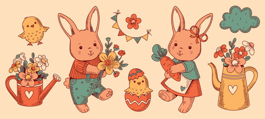 Obraz premium Hand drawn Easter bunny set with chicks, flowers, eggs and watering cans with flowers. Vintage spring sketch elements isolated for greeting cards, stickers, kids design and holiday decor.
