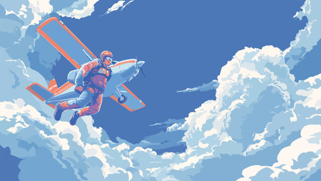 A skydiver in a red suit leaps from a small plane amidst fluffy clouds under a clear blue sky