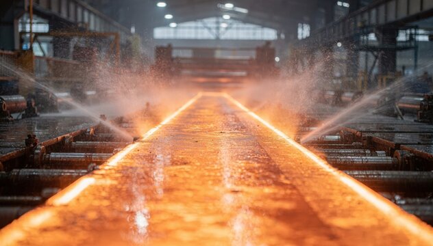 Medium shot of a glowing hot steel strip on a runout table with heavy cooling mist softly blurring the background emphasizing the intense heat and industrial environment.