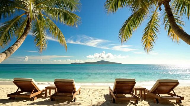 Serene beach scene with lounge chairs and palm trees on a tropical island