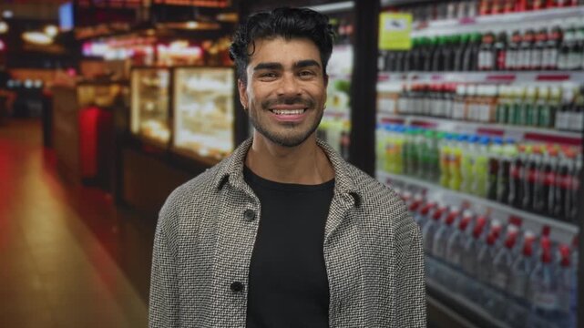 Man in patterned coat smiles showing teeth while standing in restaurant aisle with beverage shelves indoors; happiness connection.