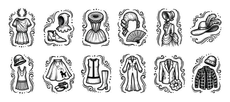 Set of twelve vintage clothing illustrations depicting historical fashion through the ages, from antiquity to modern times, in a detailed black and white hand-drawn engraving style