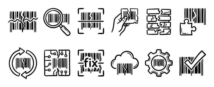 Collection of hand-drawn barcode icons showing various states like damage, scanning, fixing, and validation in a simple black and white doodle style for business concepts