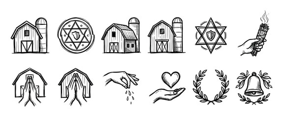 Diverse collection of hand-drawn sketch icons with barns, hexagrams, praying hands, a smudge stick, a heart, and a bell, illustrated in a rustic black ink doodle style