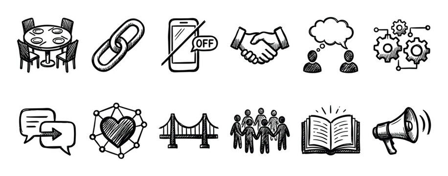 Collection of hand drawn black icons representing business concepts like teamwork, communication, partnership, and community, rendered in a simple, sketchy doodle illustration style