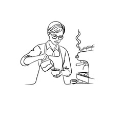 Minimalist one-line art of female barista pouring milk. Continuous line drawing of coffee shop scene with espresso machine for cafe branding.