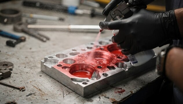 Focused medium shot of portable dye penetrant testing kit in use on critical steel parts highlighting the operators hands and test application with soft outoffocus surroundings.