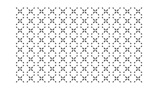 Geometric pattern of small black 'X' shapes and dots, creating a subtle, modern texture on a white background.