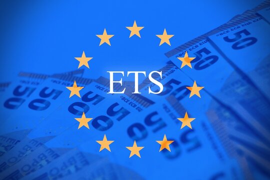 Stock image illustrating the European Central Bank (ECB), EU Emissions Trading System (ETS), and decarbonization concept.