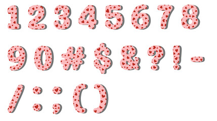 Red Heart Pattern Numbers and Symbols Set, 3D Valentine's Day Punctuation and Numerals on Transparent Background