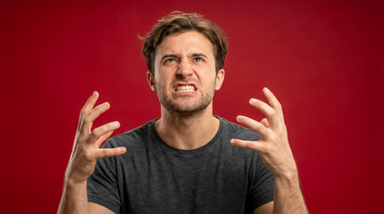 Fototapeta premium Furious young Caucasian man clenching his teeth and showing aggressive hand gestures on a red background.