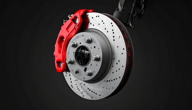 Car brake disc with red caliper symbolizing automotive engineering, performance upgrades, and vehicle safety precision