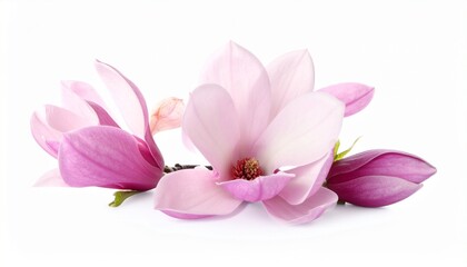Obraz premium Pink magnolia blossoms on branch symbolizing springtime beauty, botanical elegance, and floral artistry