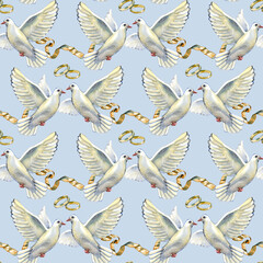 Beautiful watercolor seamless pattern with white doves, golden wedding rings, and silk ribbons. A romantic hand-painted design symbolizing love and peace, perfect for bridal stationery and textiles.