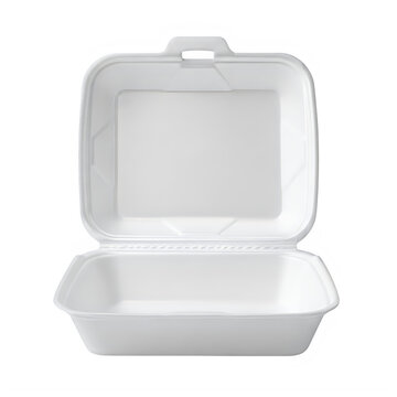 A white styrofoam to go box with the lid open isolated on transparent background