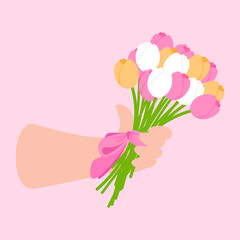 Hand hold pink tulip bouquet 