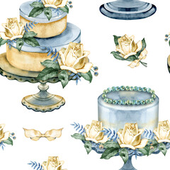 Elegant watercolor seamless pattern featuring gourmet tiered wedding cakes and floral desserts. Hand-painted festive compositions with ivory roses, teal stands, and delicate pearls for bridal