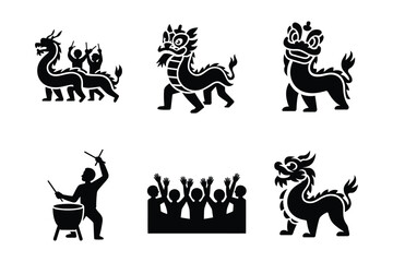 Obraz premium Chinese Dragon and Festival Icons: Dancing Dragons, Drummers, Crowd