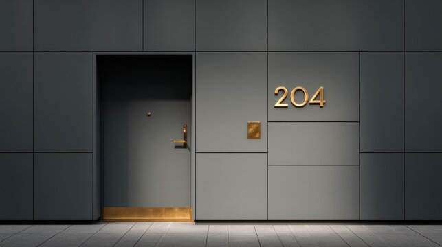 Brass Door Number 204 on a Dark-Grey Matte Door Set in Wide Negative Space With a Simple Design for Clean Aesthetics