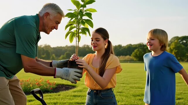 Father and children planting a sapling together in sunny outdoor park.
