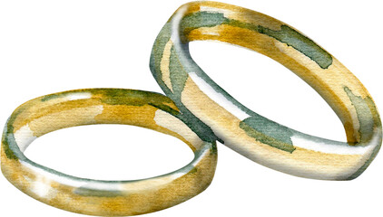 Graceful watercolor illustration of two interlocking golden wedding rings. Hand-painted jewelry featuring realistic metallic glints and soft shadows, symbolizing eternal love