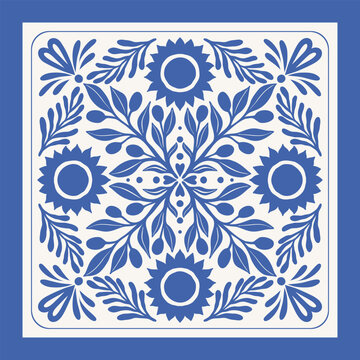 Hand drawn Mediterranean summer scarf print set. Decorative blue square composition with olive, sun and decorative leaf border. Vector illustration.