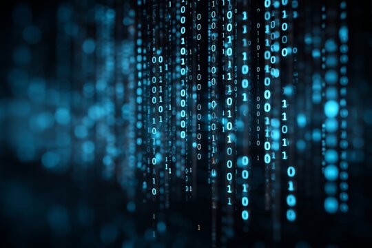 Machine learning concept, algorithm training process with data streams, binary code background, deep learning visualization