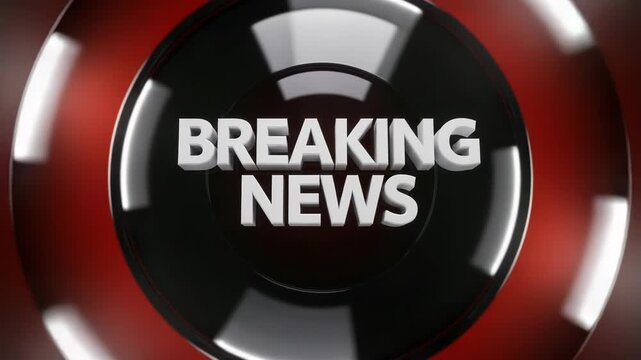 Breaking News graphic with rotating black and red circles and white text