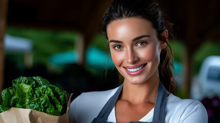 Obraz premium Woman Handing Bag of Greens to Customer with Relieved Smile at Market