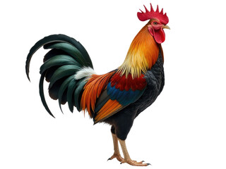A vibrant rooster standing on a white background