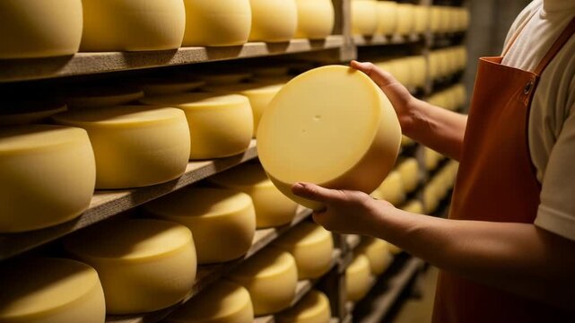 Artisanal cheese maker holding a wheel of aged cheese in aging room