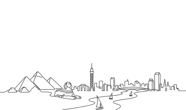 Cairo City Skyline Monoline Vector Background with Pyramids