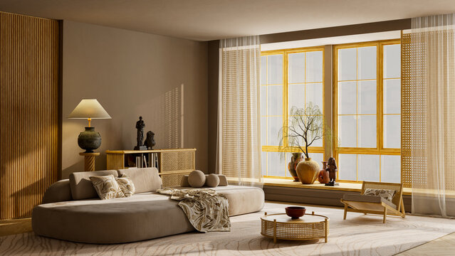 Modern living room captured in wide angle with daylight reflections on neutral beige textures. 3D illustration.