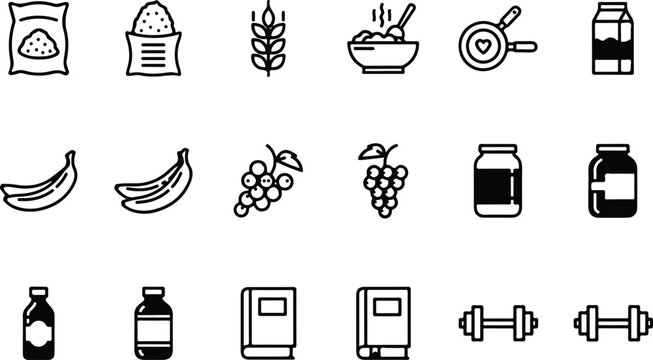 Grains and pantry staples icon set. Glyph black silhouettes - flour bag, wheat ear, cereal bowl, pasta box, beans, corn, oil bottle, sugar jar, measuring spoons. vector icon.