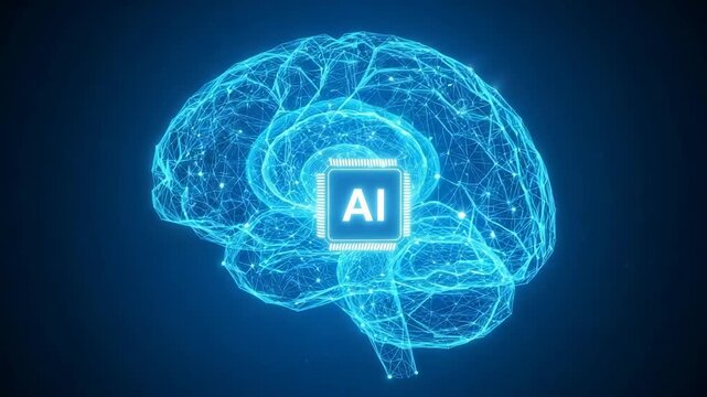 Futuristic glowing blue human brain representation with artificial intelligence technology concept