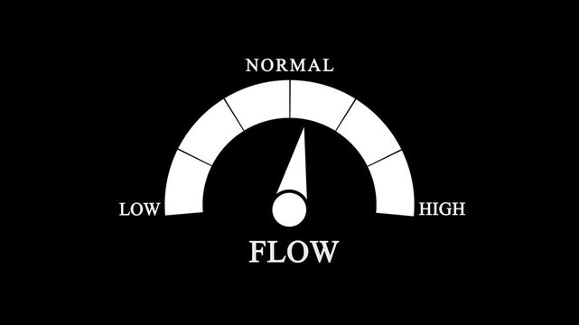 Flow rate indicator gauge icon with low, normal, and high levels. Speedometer symbol for water, air, or data flow measurement.