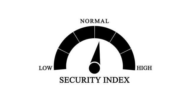 Security index level indicator gauge icon. Cyber security status or protection monitoring meter with low, normal, and high zones.