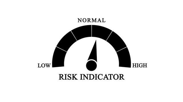 Risk indicator gauge icon. Assessment meter with needle pointing to normal range. Professional risk management symbol isolated on white.