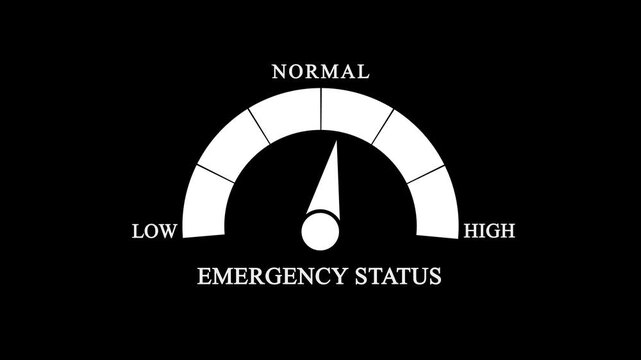 Emergency status indicator gauge icon on black background. Alert level meter with low, normal, and high emergency zones.
