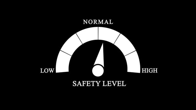 Safety level indicator gauge icon on black background. Security status meter with low, normal, and high zones for workplace safety monitoring.