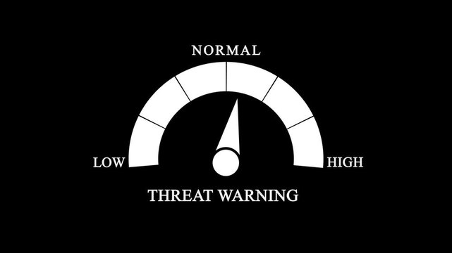 Threat warning indicator gauge icon on black background. Security alert meter with needle pointing to low-normal zone for proactive threat monitoring.