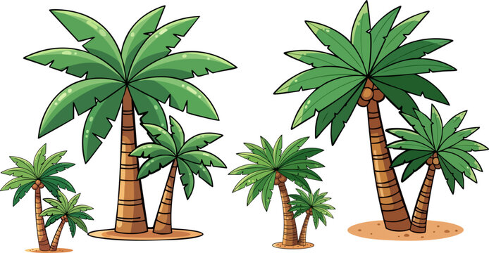 Four groups of tropical palm trees with green fronds and brown trunks, each group featuring varying sizes of trees. Created in a cartoon vector style with a vibrant green and brown color palette
