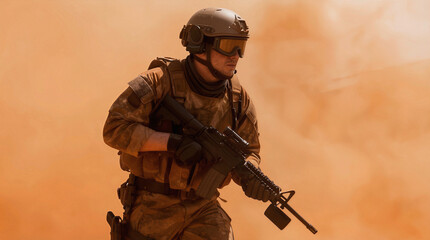 Obraz premium Soldier moving through thick orange sandstorm during desert combat mission. Military infantryman in full tactical gear holding rifle in dusty environment.