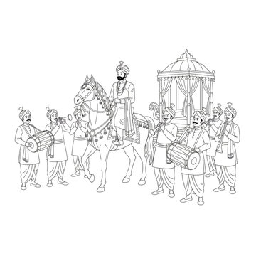 Indian groom and bride Baraat line art &ndash; wedding card clipart