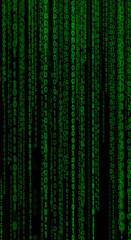 Digital rain of green binary code on black, representing data flow and computation, a symbol for technology, matrix, and cyberspace themes