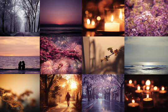 A collage of a set of photos of happy moments in daily life with burning candles, sunsent, beach, walk in the park, blooming flowers and fireworks